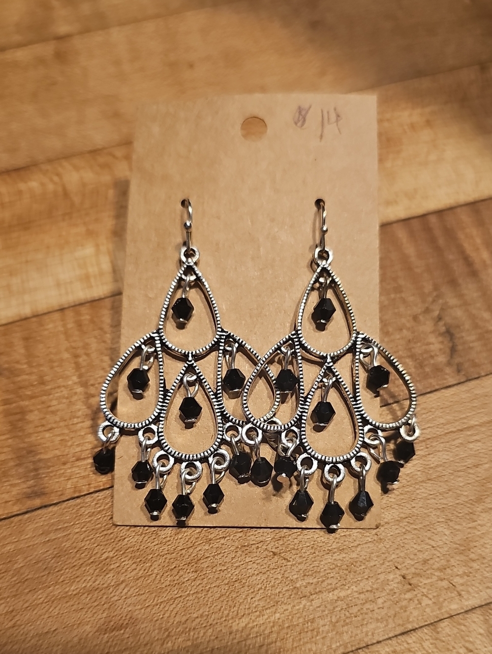 Silver-Tone Black Beaded Teardrop Chandelier Earrings